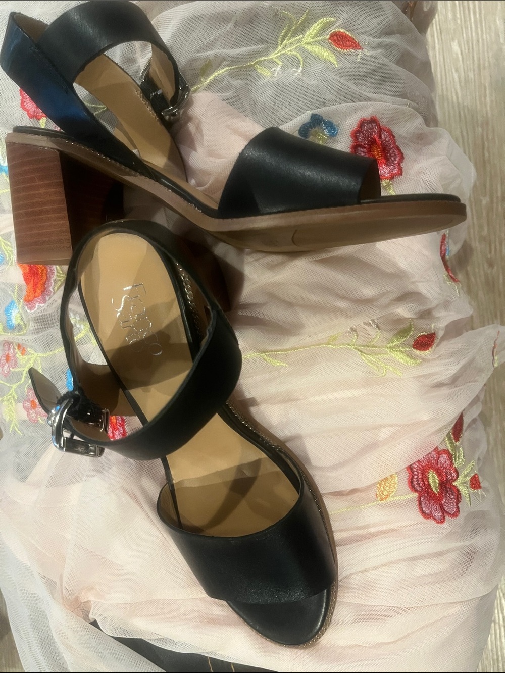 Franco Sarto Black Leather Block Heel Sandals with Ankle Buckle